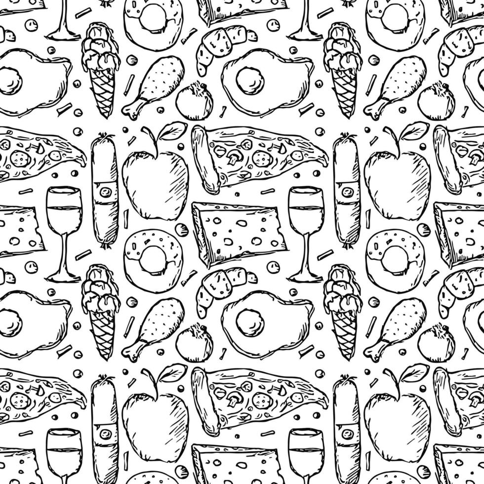 patrón de alimentos sin fisuras. fondo de comida. garabato, vector, ilustración, con, alimento, icono vector