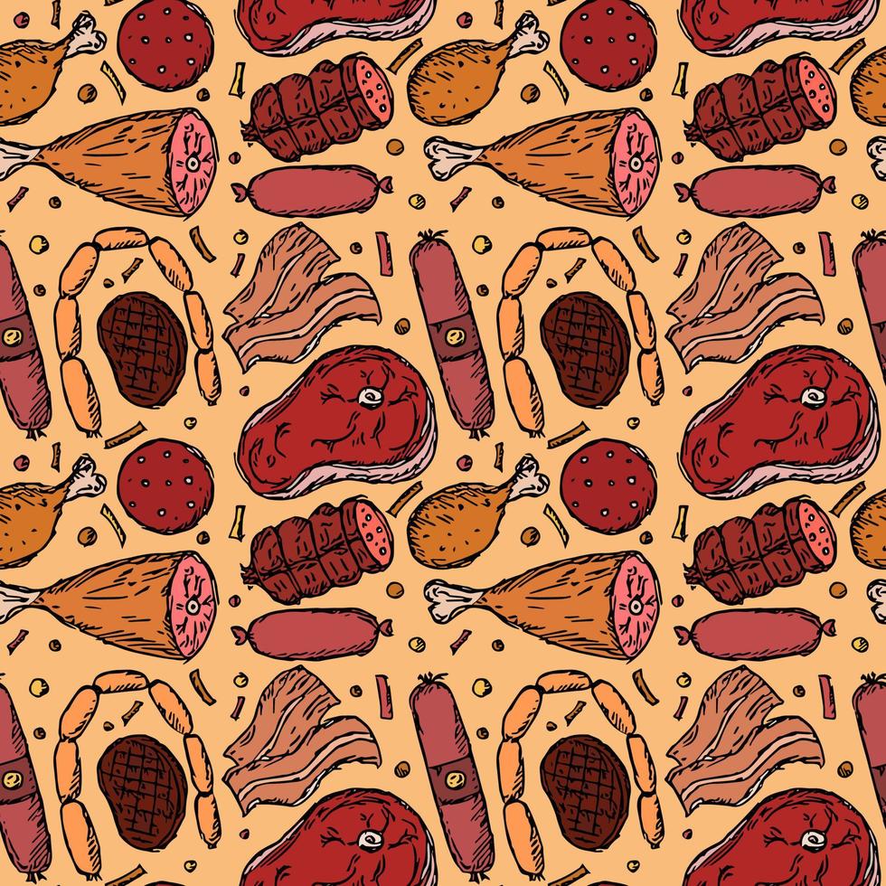 Seamless meat pattern. Colored meat background. Doodle vector illustration with meat products icons