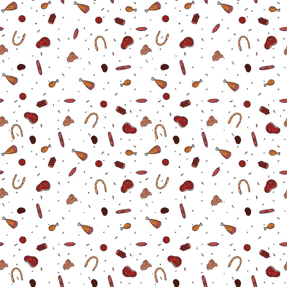 Seamless meat pattern. Colored meat background. Doodle vector illustration with meat products icons