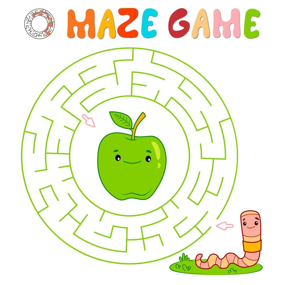 Maze puzzle game for children. Circle maze or labyrinth game with worm. vector