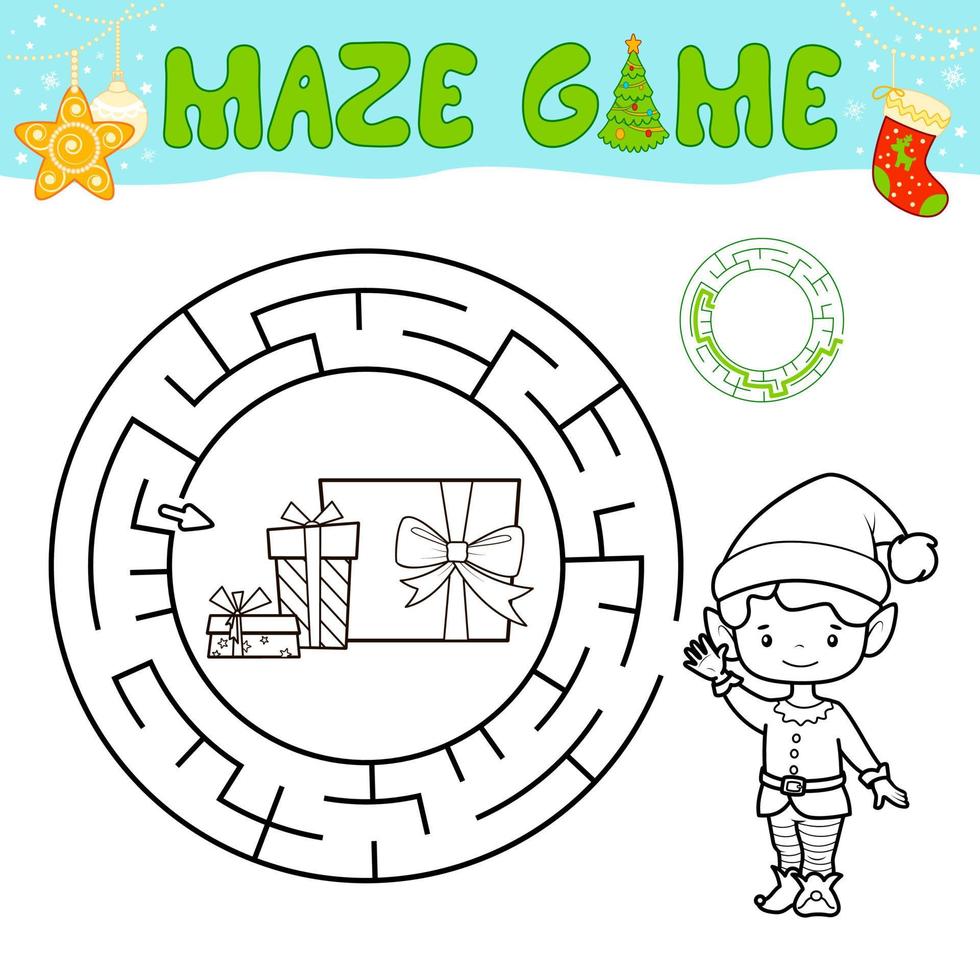 Juego de rompecabezas de laberinto en blanco y negro de Navidad para niños. esbozar laberinto circular o juego de laberinto con niño elfo. vector