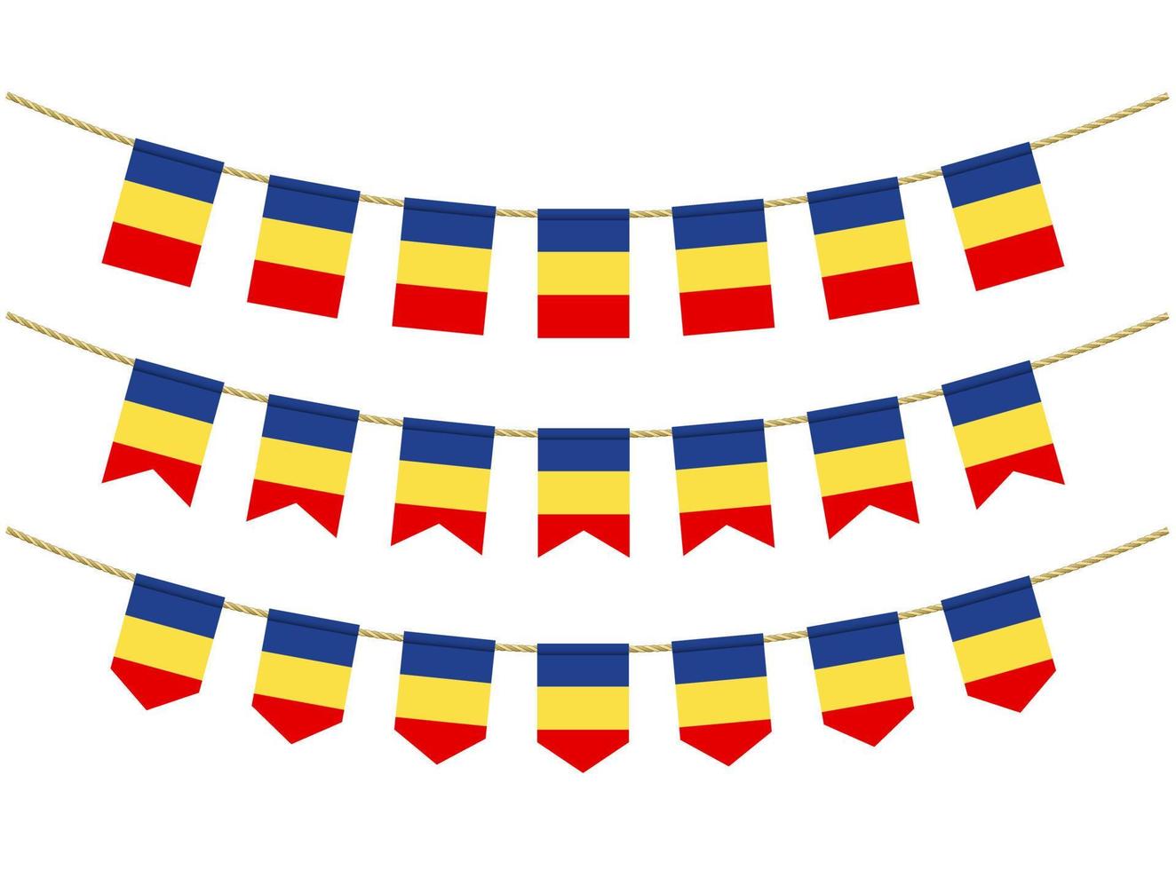 Chad flag on the ropes on white background. Set of Patriotic bunting flags. Bunting decoration of Chad flag vector