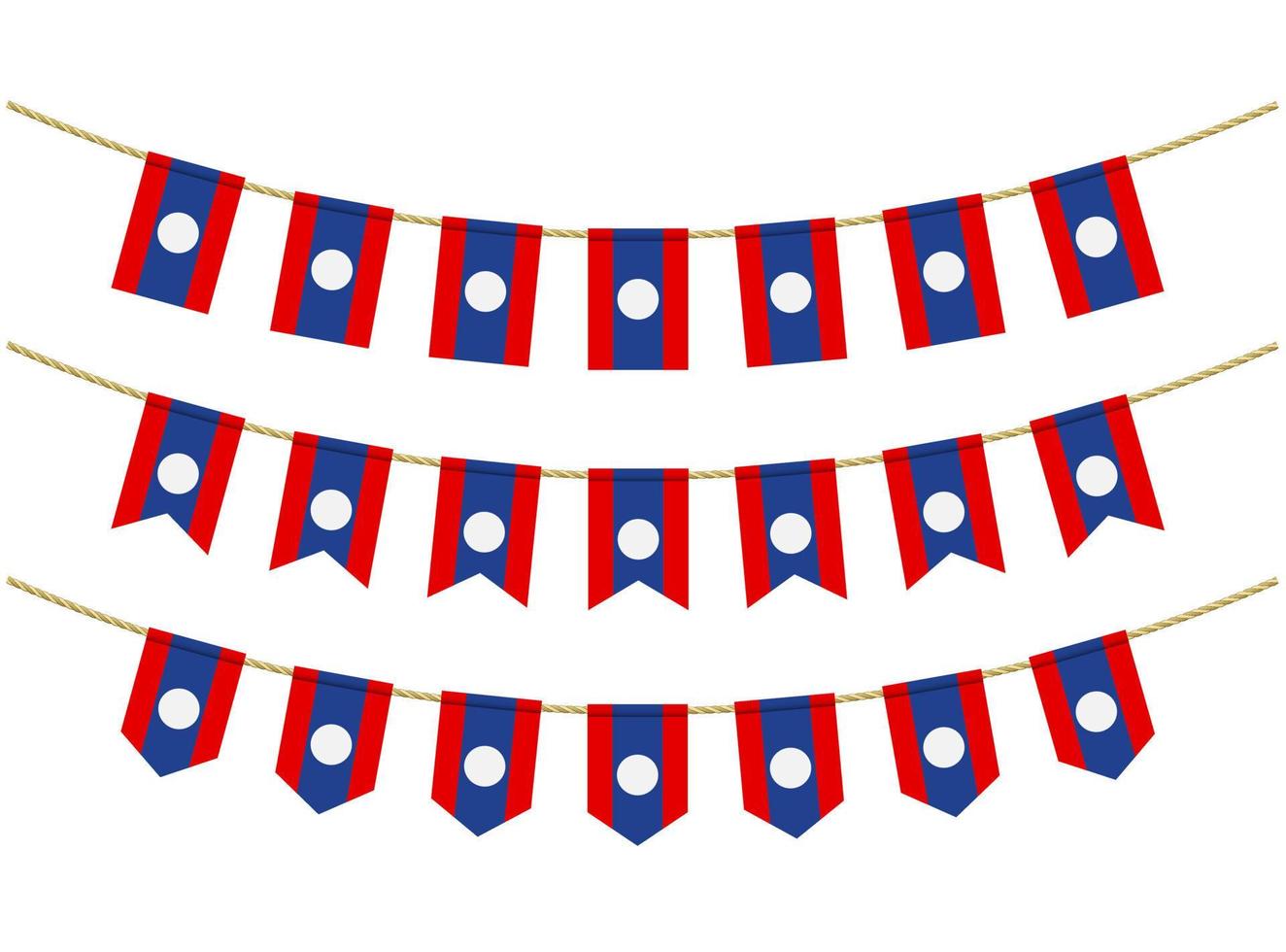 Laos flag on the ropes on white background. Set of Patriotic bunting flags. Bunting decoration of Laos flag vector