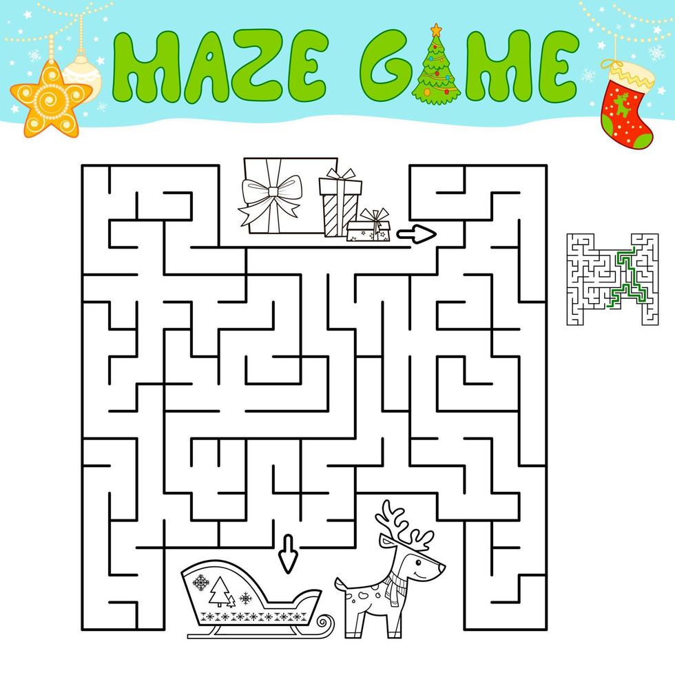 Christmas Maze puzzle game for children. Outline maze or labyrinth game with christmas sleigh. vector