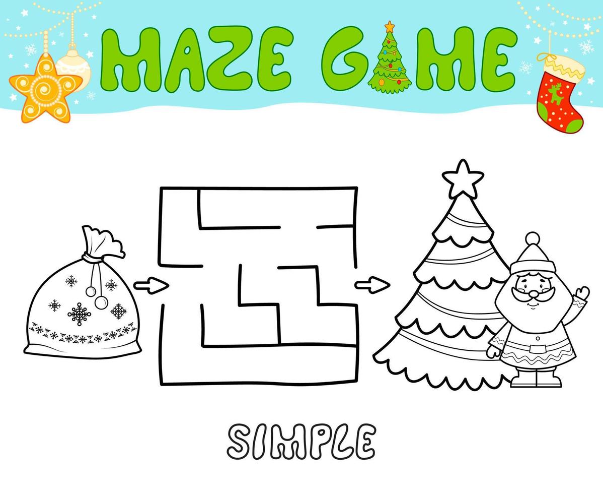 Christmas Maze puzzle game for children. Simple outline maze or labyrinth game with christmas bag. vector