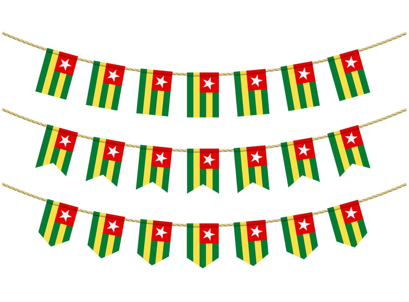 togo bandera en las cuerdas sobre fondo blanco. conjunto de banderas patrióticas del empavesado. decoración del empavesado de la bandera de togo vector