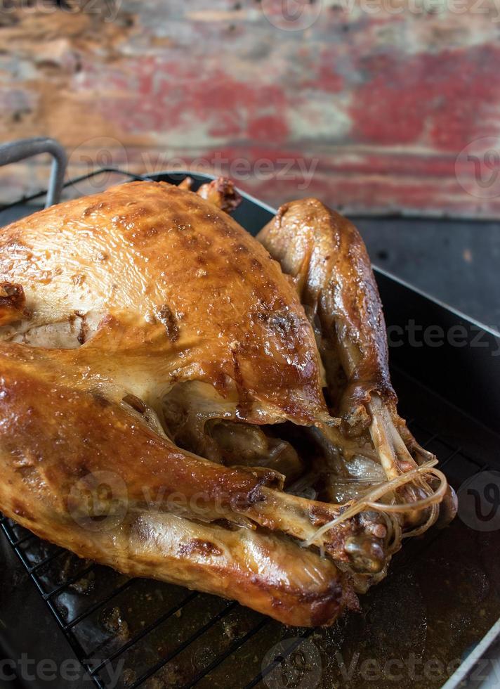 Cooked Thanksgiving turkey in roasting pan photo