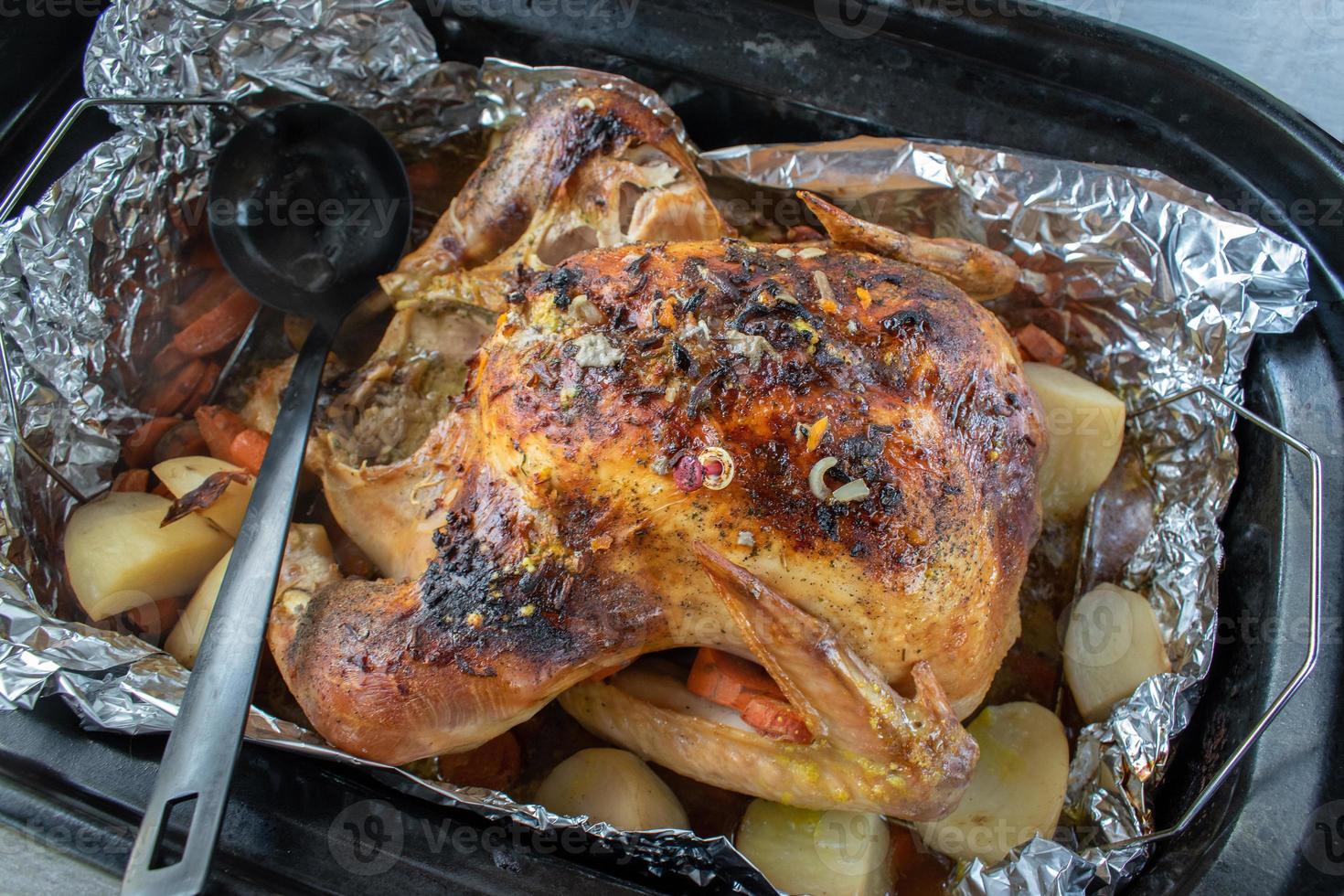 Preparing a thanksgiving turkey in a roasting pan