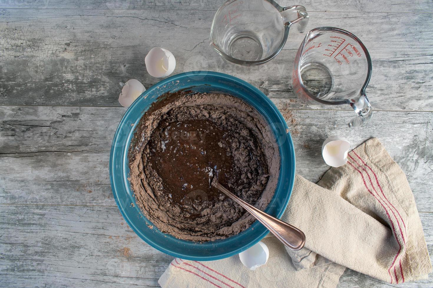 ingredients for making brownies from scratch flat lay photo