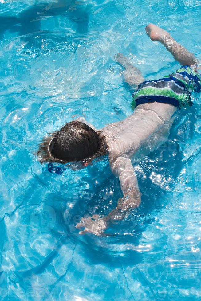 young boy swimming underwater with goggles in pool photo