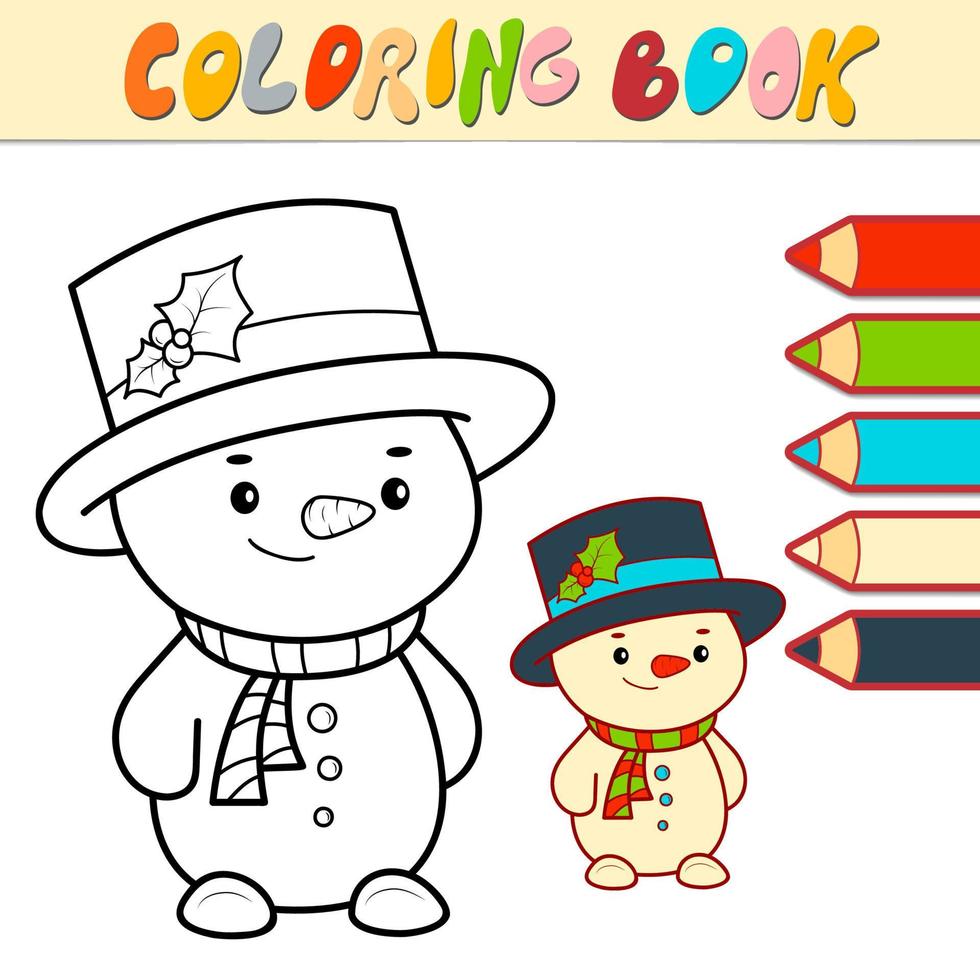 Coloring book or page for kids. Christmas snow man black and white vector