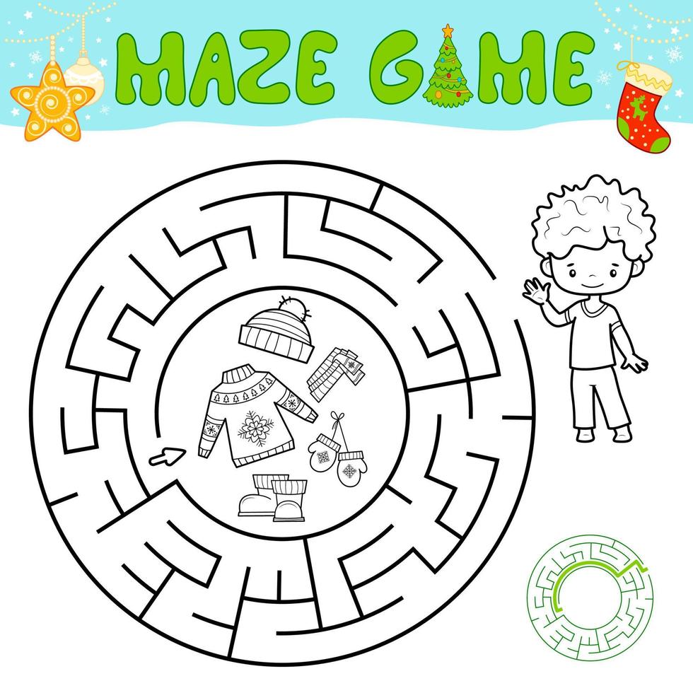 Christmas black and white maze puzzle game for children. Outline circle maze or labyrinth game with Christmas boy. vector