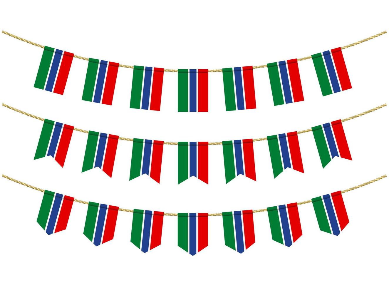 Gambia flag on the ropes on white background. Set of Patriotic bunting flags. Bunting decoration of Gambia flag vector