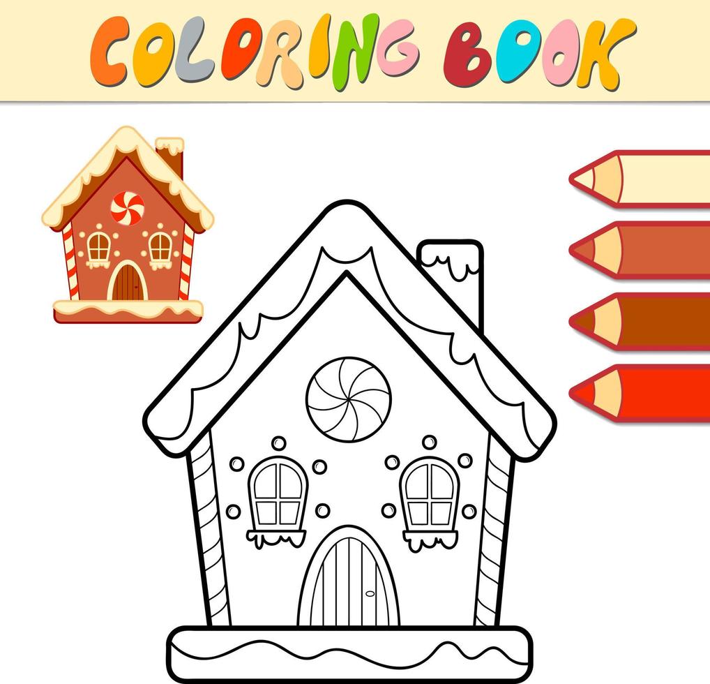 libro para colorear o página para colorear para niños. casa de pan de jengibre de navidad vector blanco y negro
