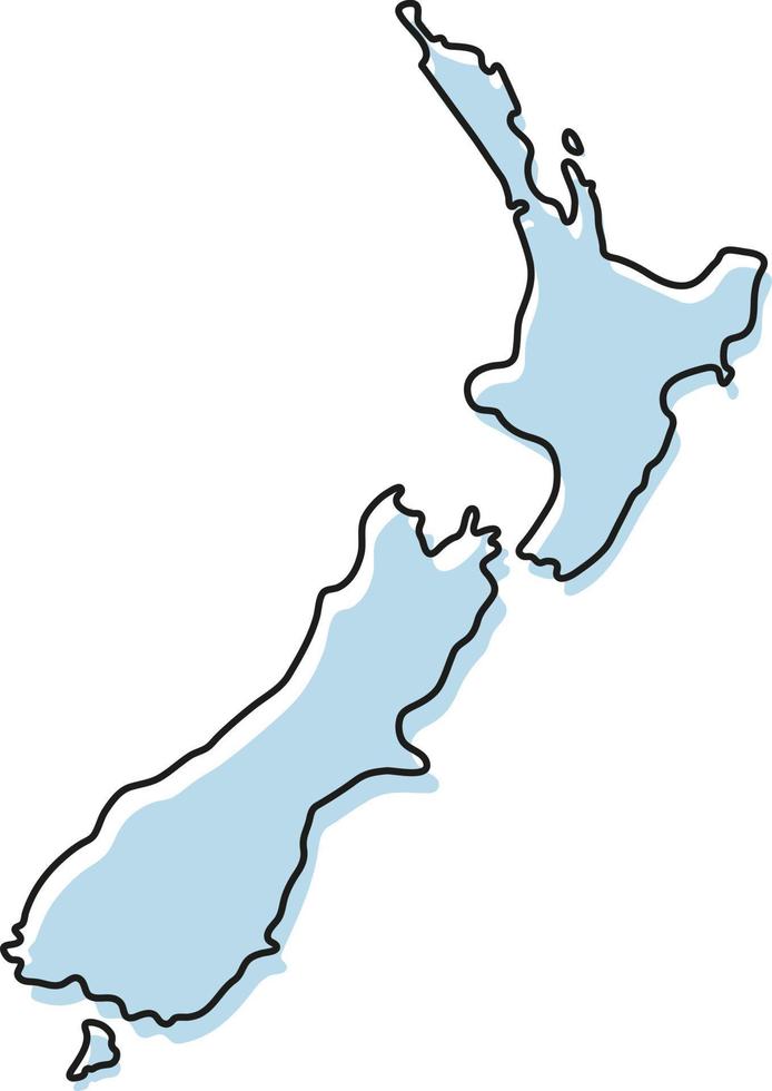 Stylized simple outline map of New Zealand icon. Blue sketch map of New Zealand vector illustration