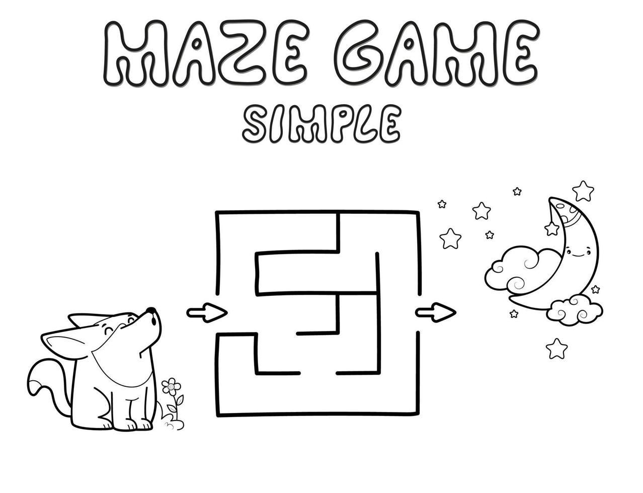 Simple Maze puzzle game for children. Outline simple maze or labyrinth game with wolf. vector