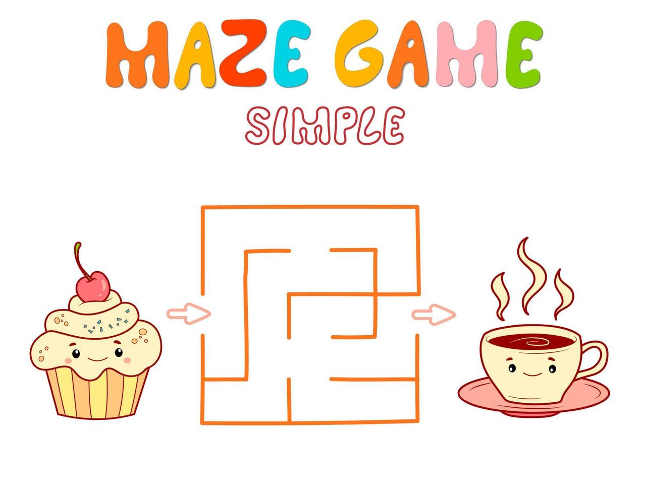 Simple Maze puzzle game for children. Color simple maze or labyrinth game with cake and tea. vector