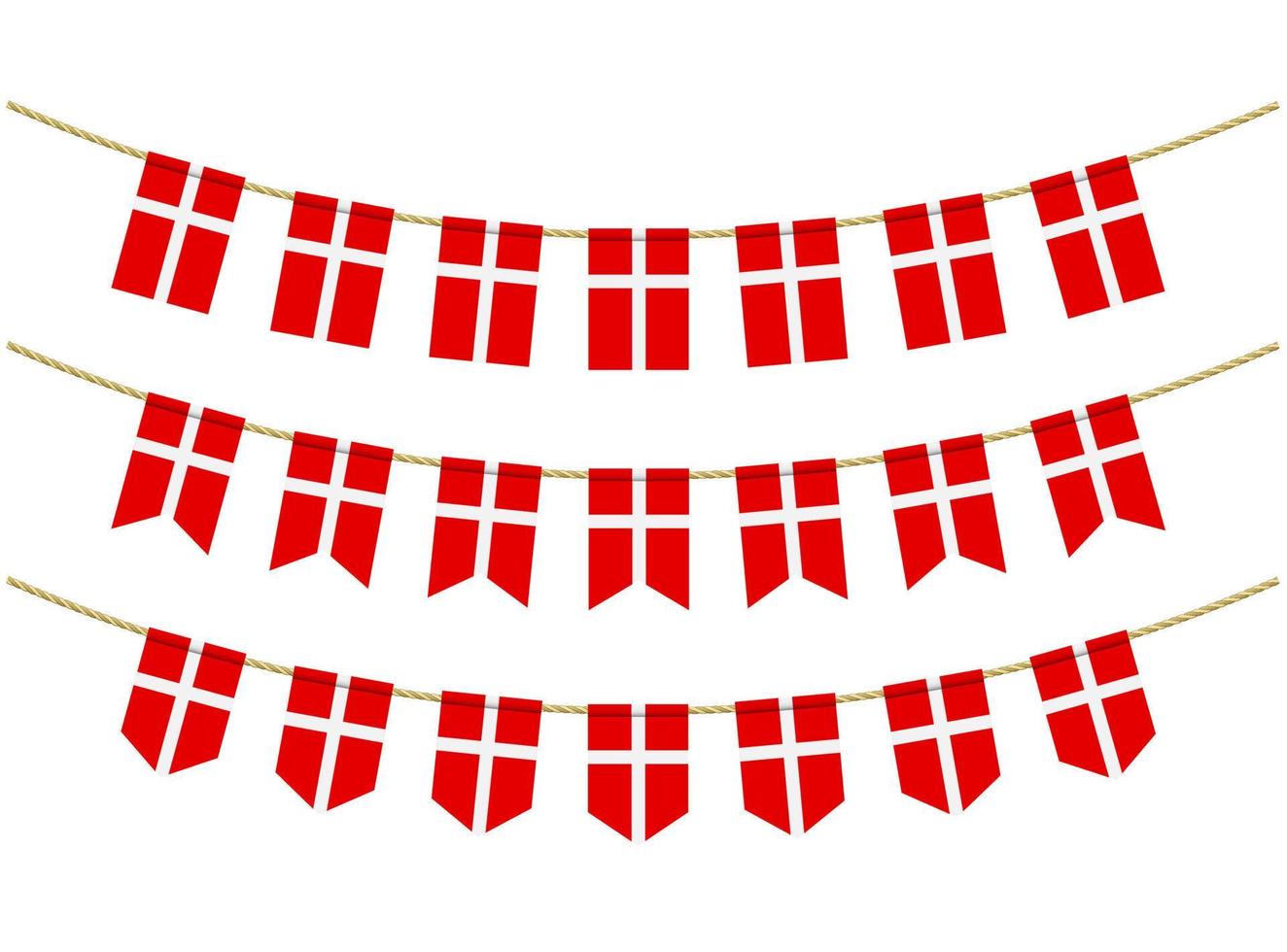 Denmark flag on the ropes on white background. Set of Patriotic bunting flags. Bunting decoration of Denmark flag vector