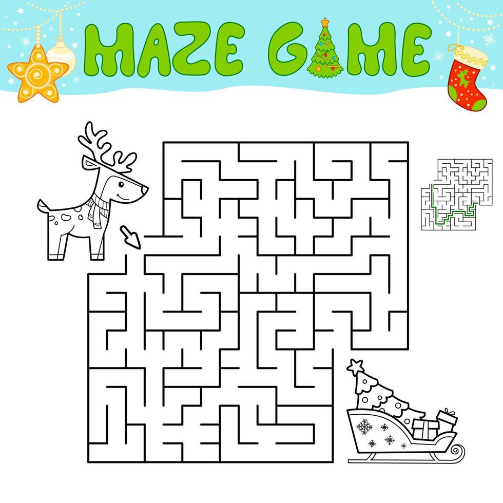 Christmas Maze puzzle game for children. Outline maze or labyrinth game with christmas sleigh and reindeer. vector