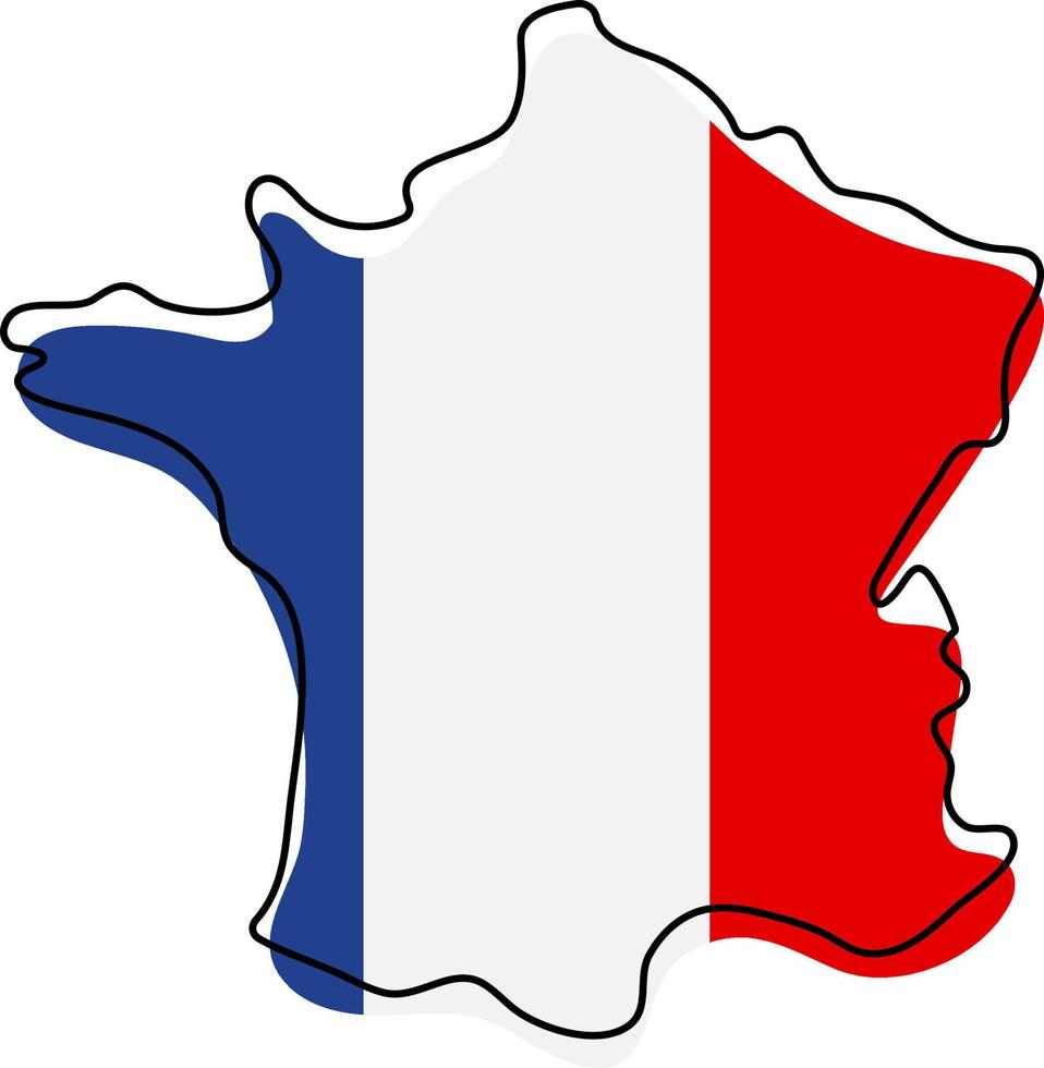 Stylized outline map of France with national flag icon. Flag color map of France vector illustration.
