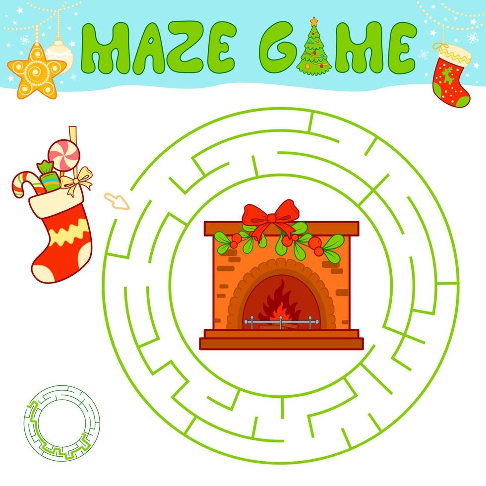 Christmas maze puzzle game for children. Circle maze or labyrinth game with Christmas Sock and fireplace. vector