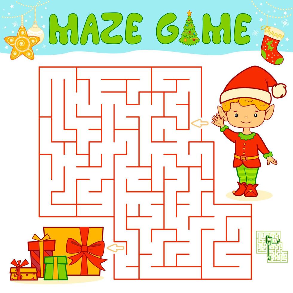 juego de rompecabezas de laberinto navideño para niños. juego de laberinto o laberinto con duende de navidad. vector