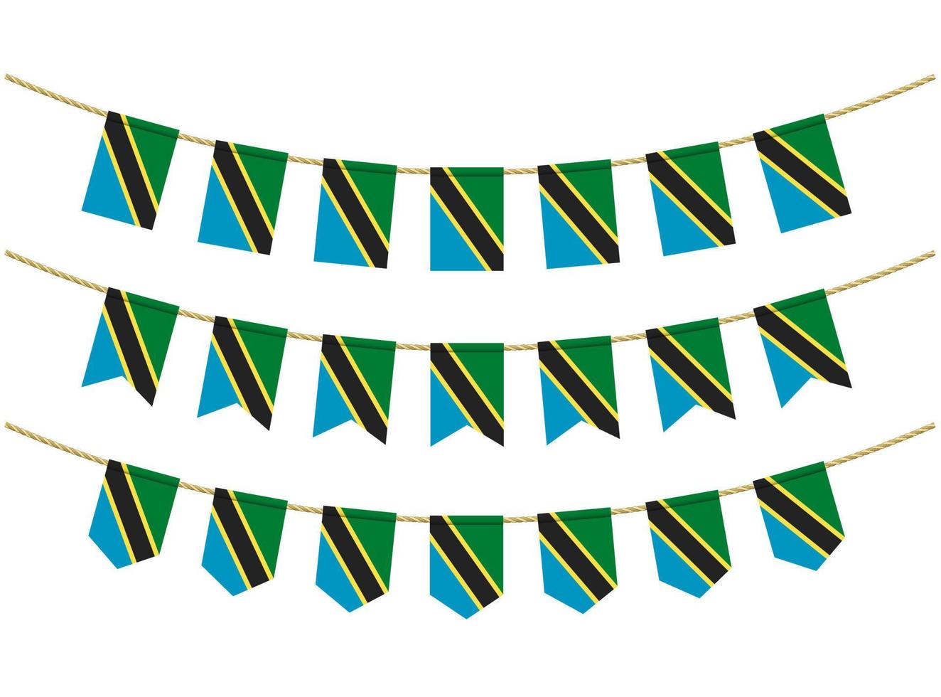 bandera de tanzania en las cuerdas sobre fondo blanco. conjunto de banderas patrióticas del empavesado. decoración del empavesado de la bandera de tanzania vector