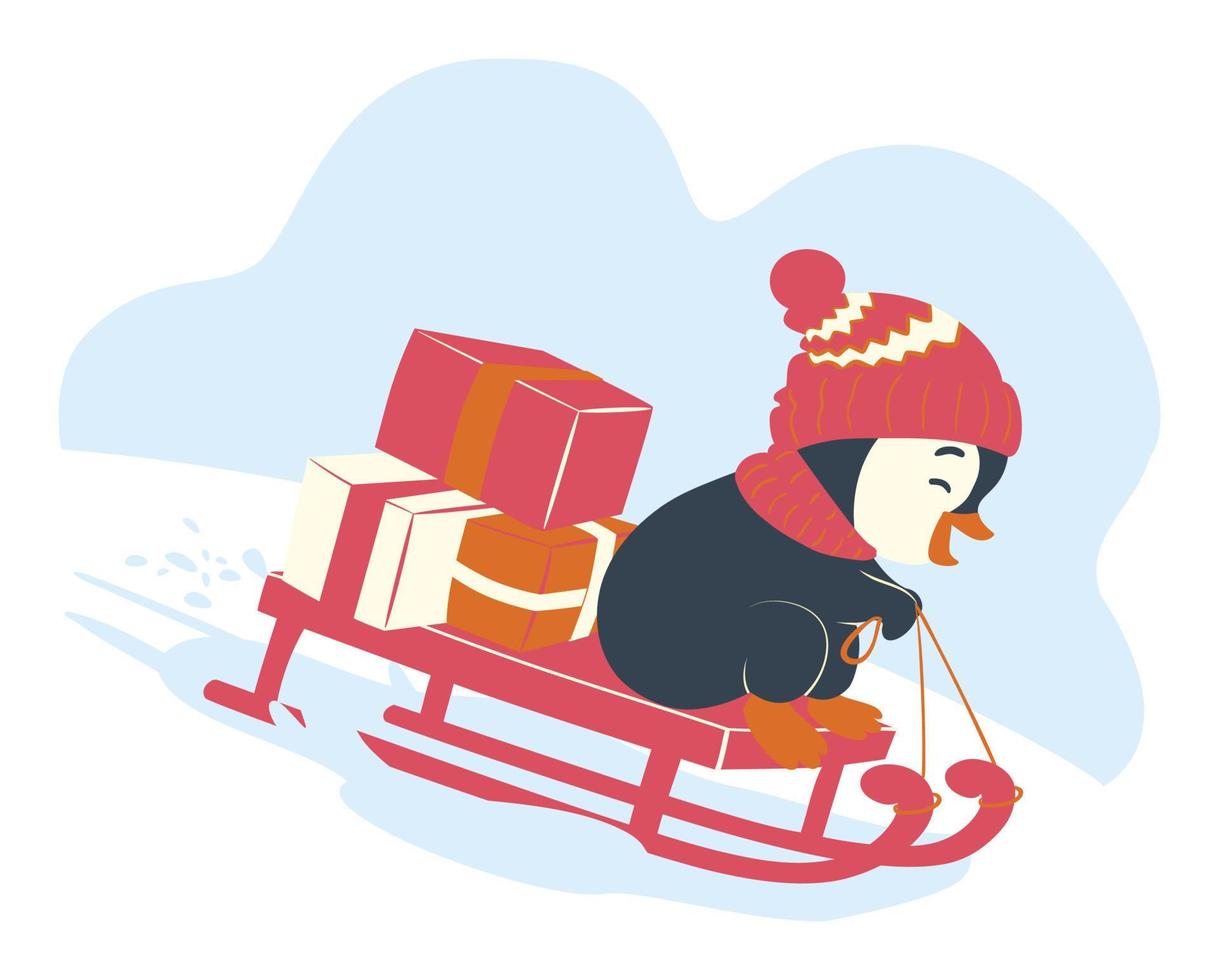 Funny penguin sledding. Christmas penguin ride on a sleigh illustration vector