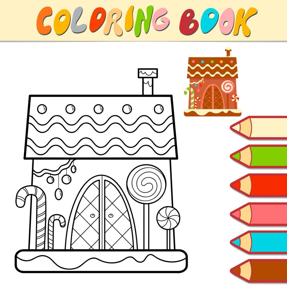 Coloring book or Coloring page for kids. Christmas Gingerbread house black and white vector