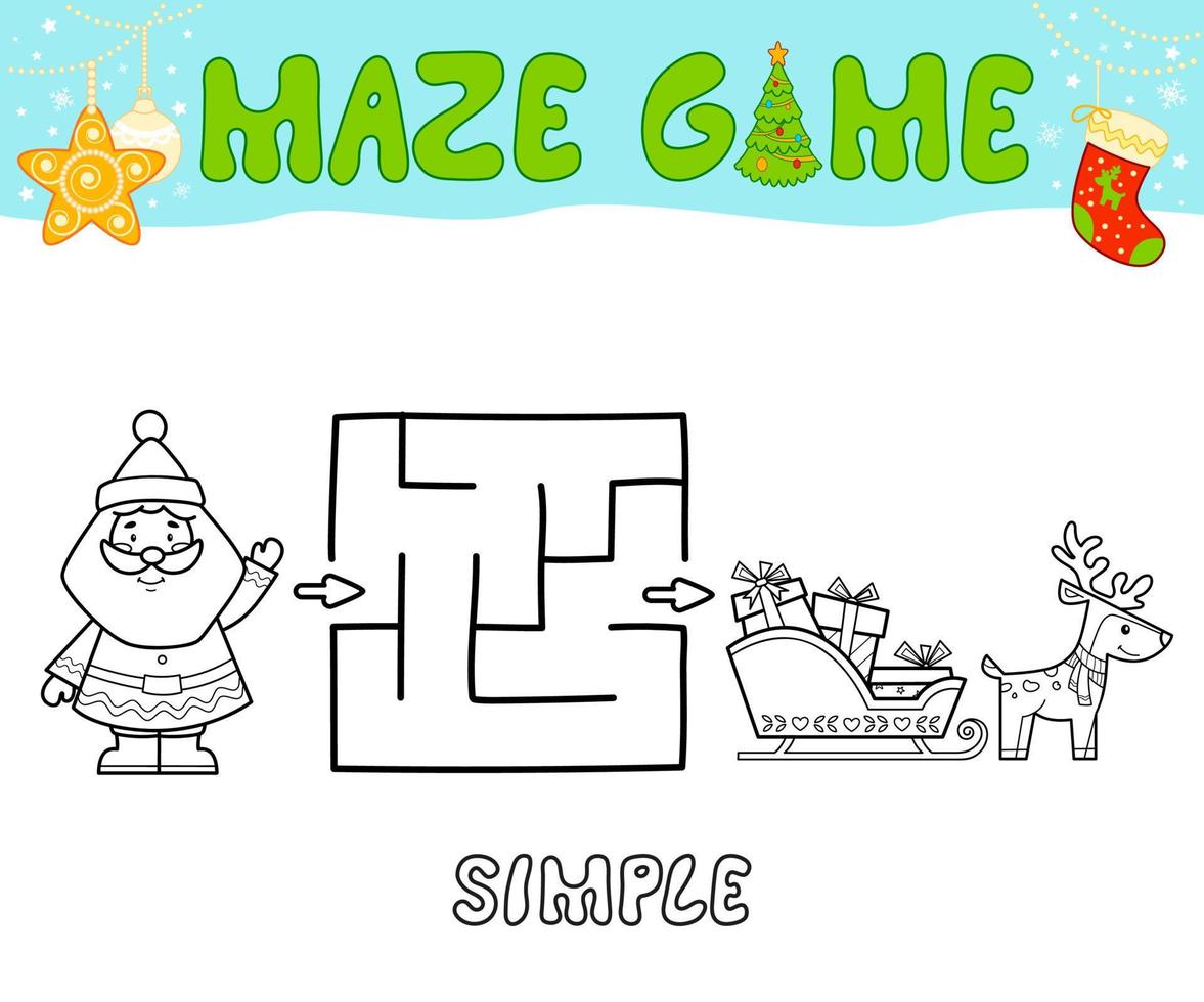 Christmas Maze puzzle game for children. Simple outline maze or labyrinth game with christmas Santa claus. vector