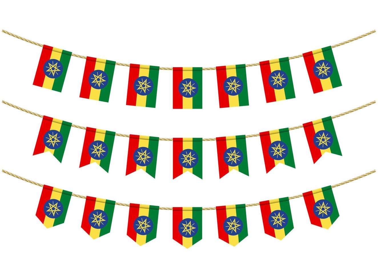 Ethiopia flag on the ropes on white background. Set of Patriotic bunting flags. Bunting decoration of Ethiopia flag vector