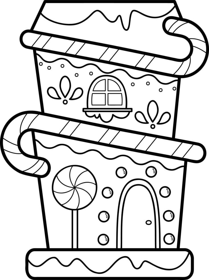 Christmas coloring book or page. Gingerbread house black and white vector illustration