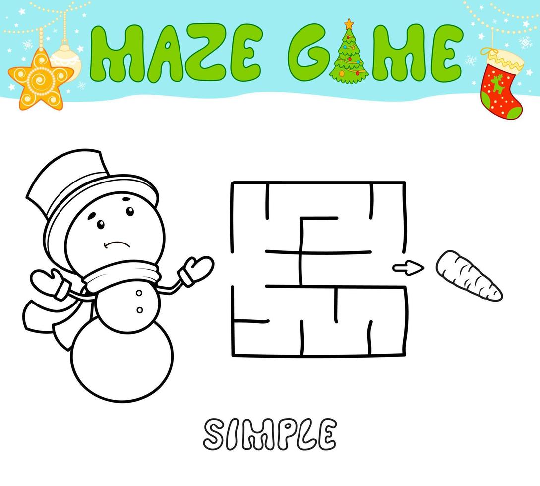 Christmas Maze puzzle game for children. Simple outline maze or labyrinth game with christmas Snowman. vector