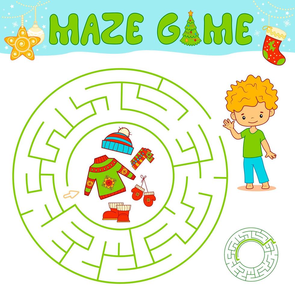 Christmas maze puzzle game for children. Circle maze or labyrinth game with Christmas boy. vector