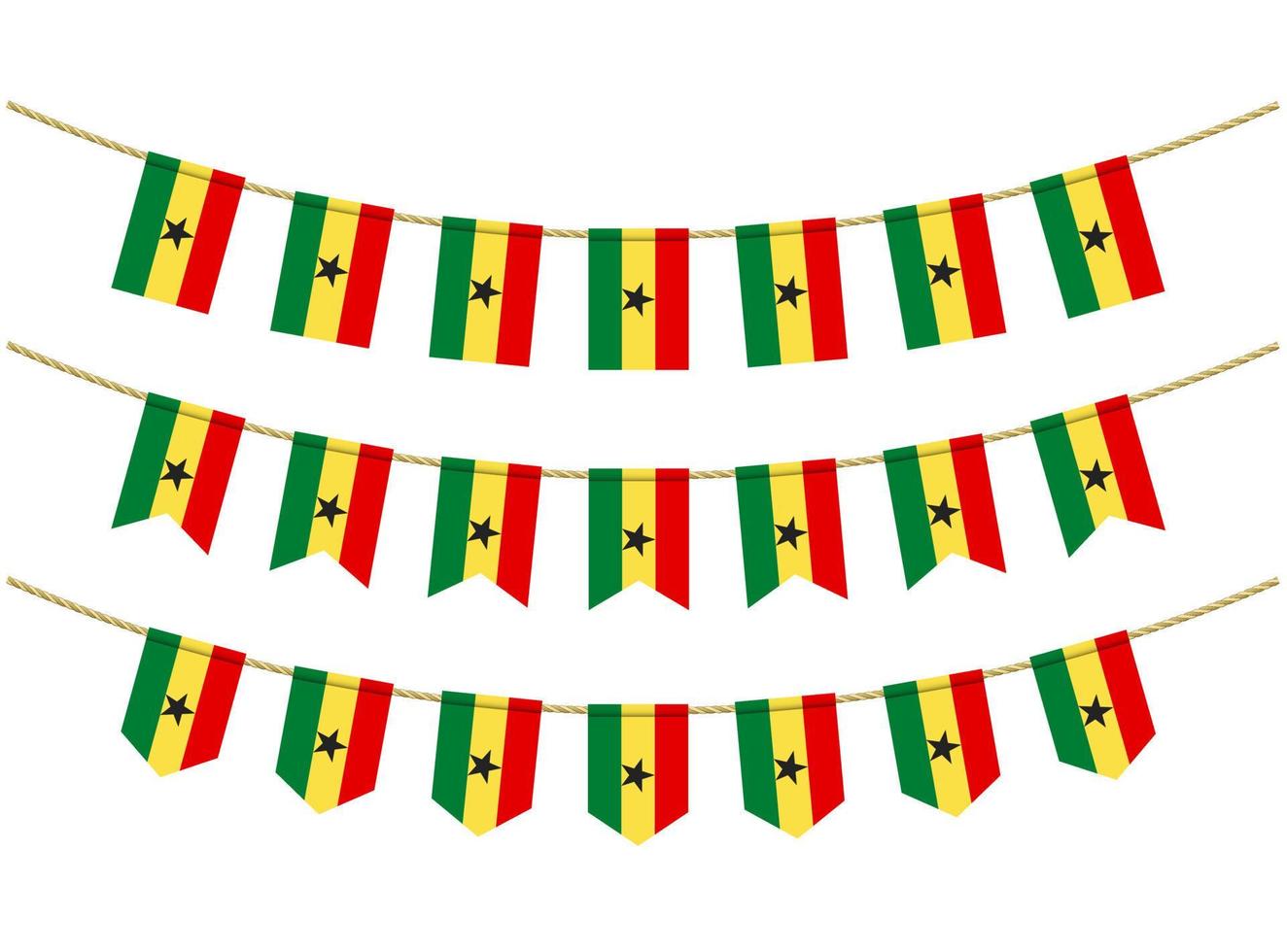 Bandera de Ghana en las cuerdas sobre fondo blanco. conjunto de banderas patrióticas del empavesado. decoración del empavesado de la bandera de ghana vector