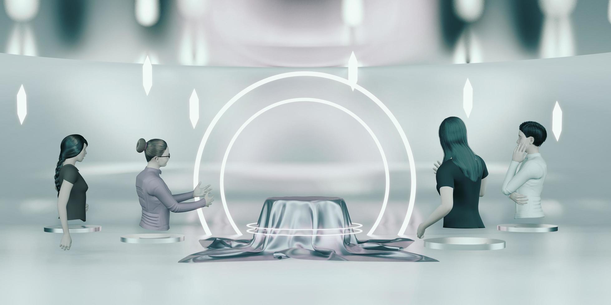 Product Avatars in Metaverse Empty shelves Metaverse Online Store 3D Illustration photo