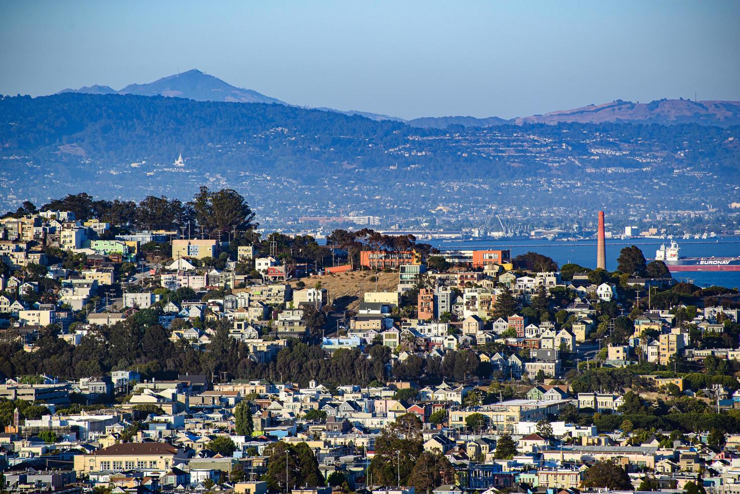 Golden hour neighborhood hill view of San Francisco homes, peaked roofs - colorful and scenic with some Victorian homes - a typical San Francisco view. photo