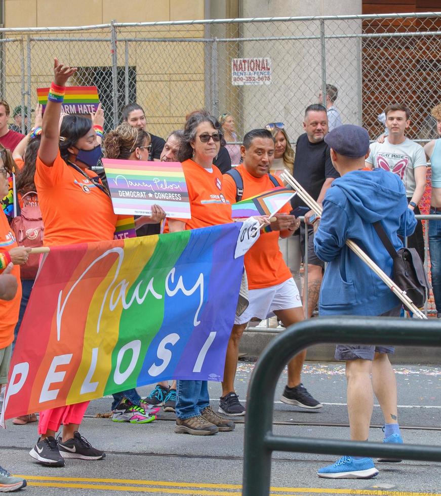 San Francisco, CA, USA - June 22, 2022, Pride Parade, Nancy Pelosi, Speaker of the House of Representatives, her contingent carrying her sign. photo