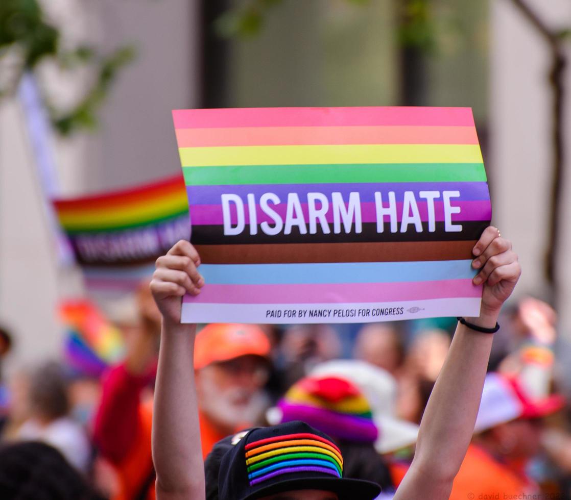 San Francisco, CA, USA - June 22, 2022, Pride Parade, Nancy Pelosi's sign, disarm hate, Speaker of the House of Representatives, in the parade photo