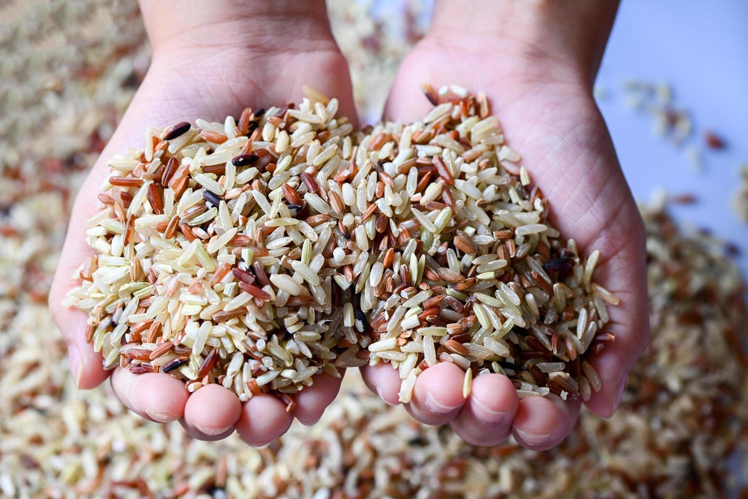 brown rice on child hand is carrying a pile of rice in the hand Islamic fitrah zakat concept , Muslims to help the poor and needy, help donate food concept photo