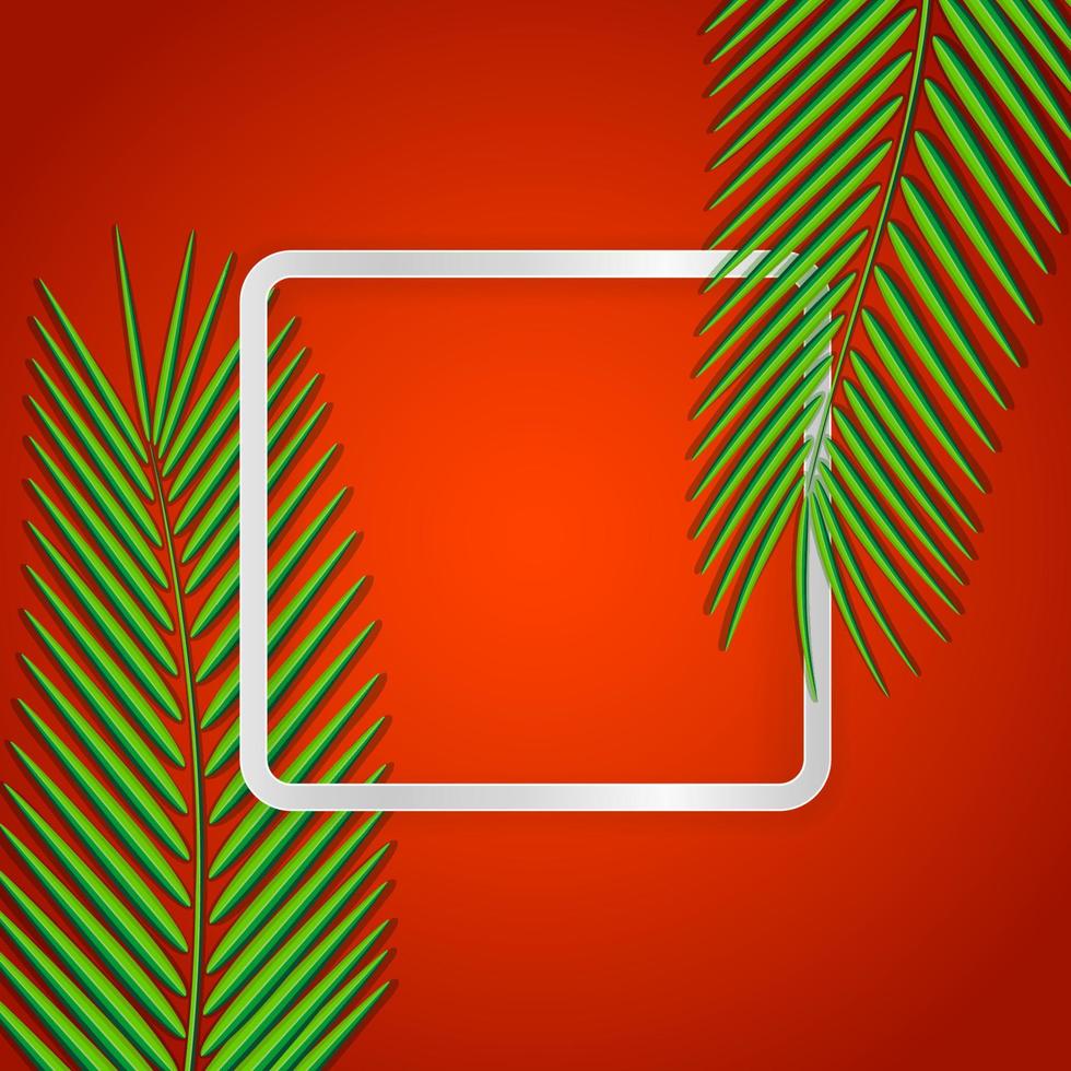 Hot Vacation Card. Green Tropical Paper Leaves on a Square Light Frame for Your Text. Bright Orange Background. Eps10 Vector Template.