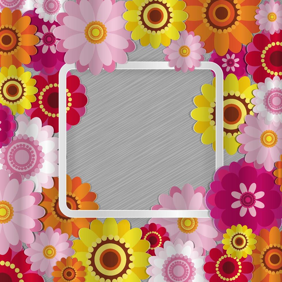 Spring congratulatory floral background. Festive paper flowers on a square light frame. Shaded noble gray background. Vector greeting card with a holiday on March 8, Mother's Day, birthday.