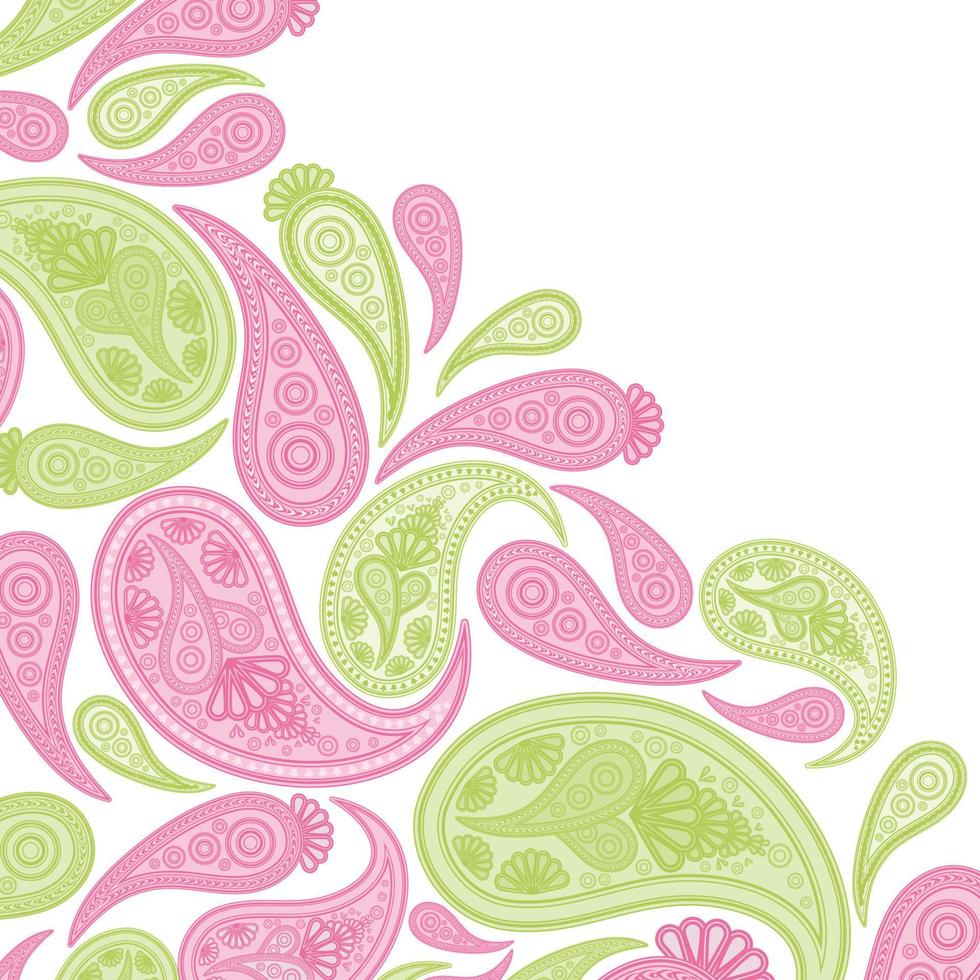 Paisley rosa y fondo vectorial verde, patrón de diseño abstracto floral, adorno de arte indio. vector