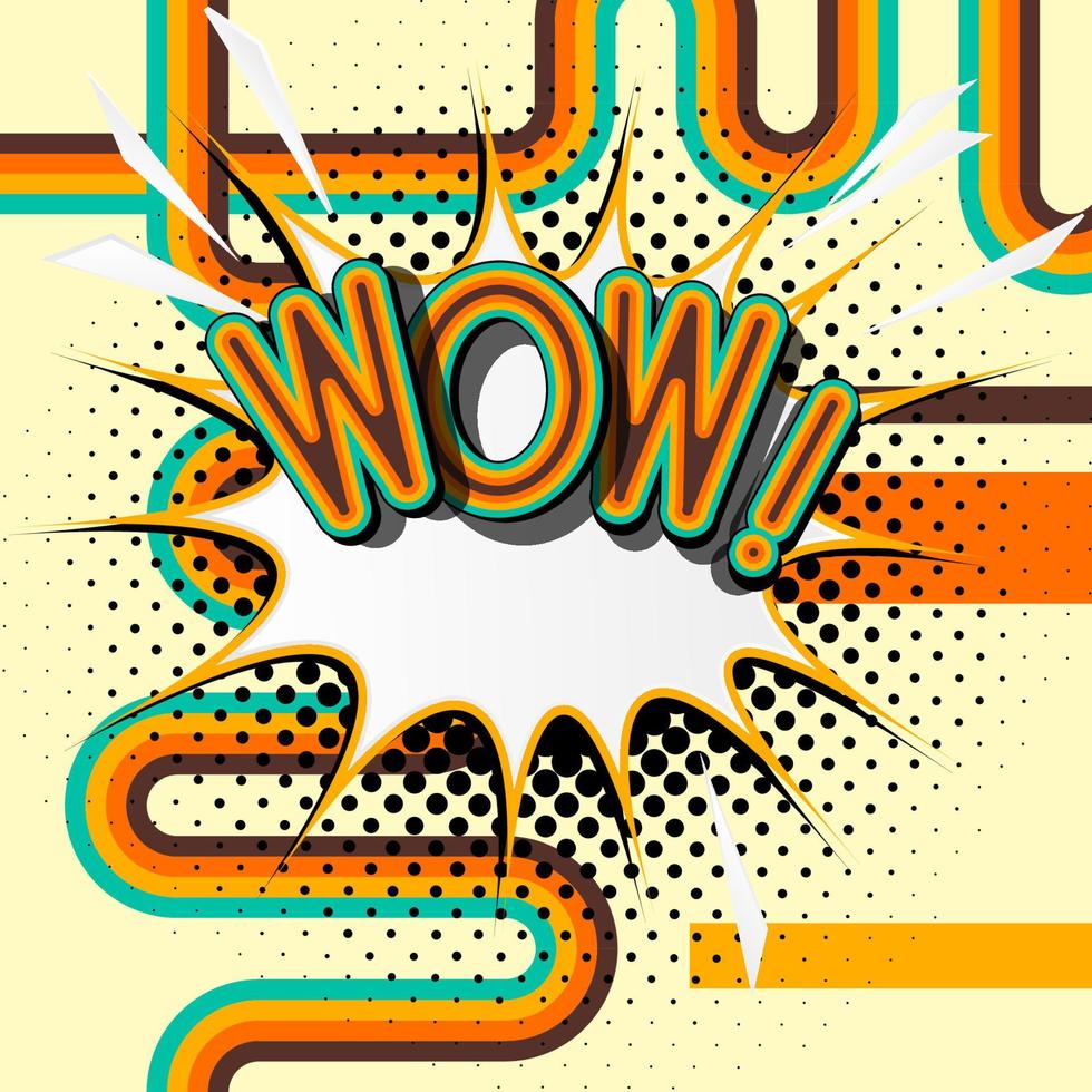 WOW - retro lettering with shadows, halftone pattern on retro poster  background. Vector bright illustration in vintage pop art style.