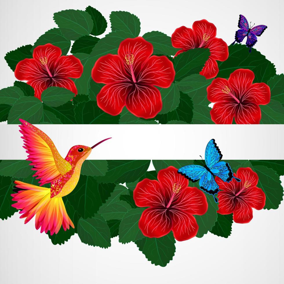 fondo de diseño floral. flores de hibisco con pájaro, mariposas. vector
