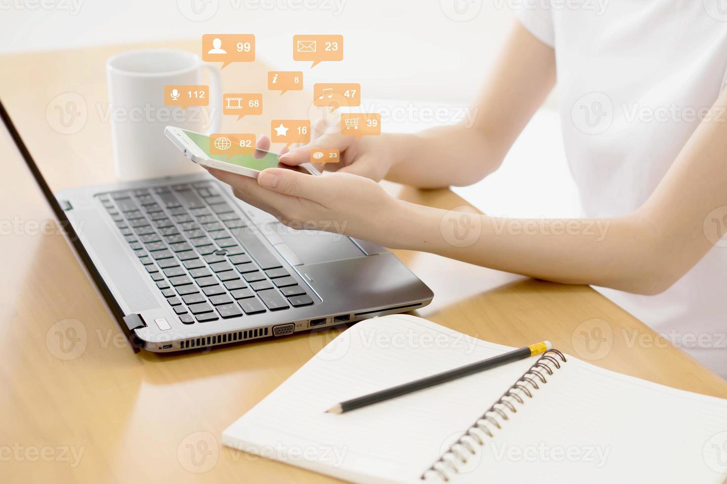 Woman hands using social network with mobile, Social media and connection communication concept. photo