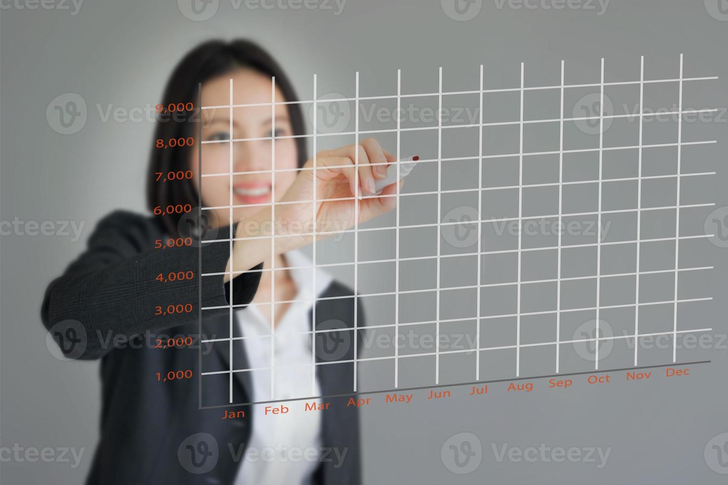 Beautiful Businesswoman with business chart on chalkboard photo