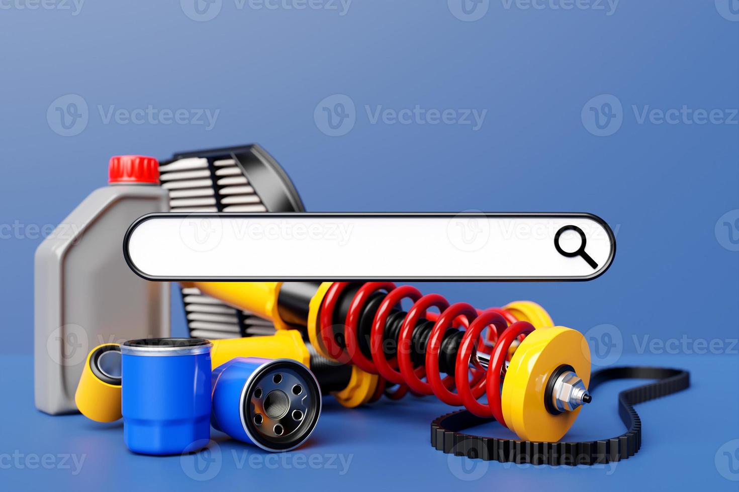 3D illustration, search bar design element with auto parts car shock absorber,timing belt,  oil canister, fuel and air filters. Online shopping concept for spare parts photo