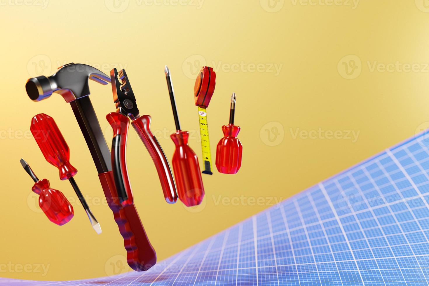 3D illustration screwdriver, hammer, pliers, screws, etc. for handmade photo