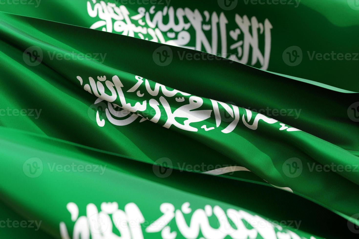 The national flag of Saudi Arabia from textiles close up in three versions, soft focus photo